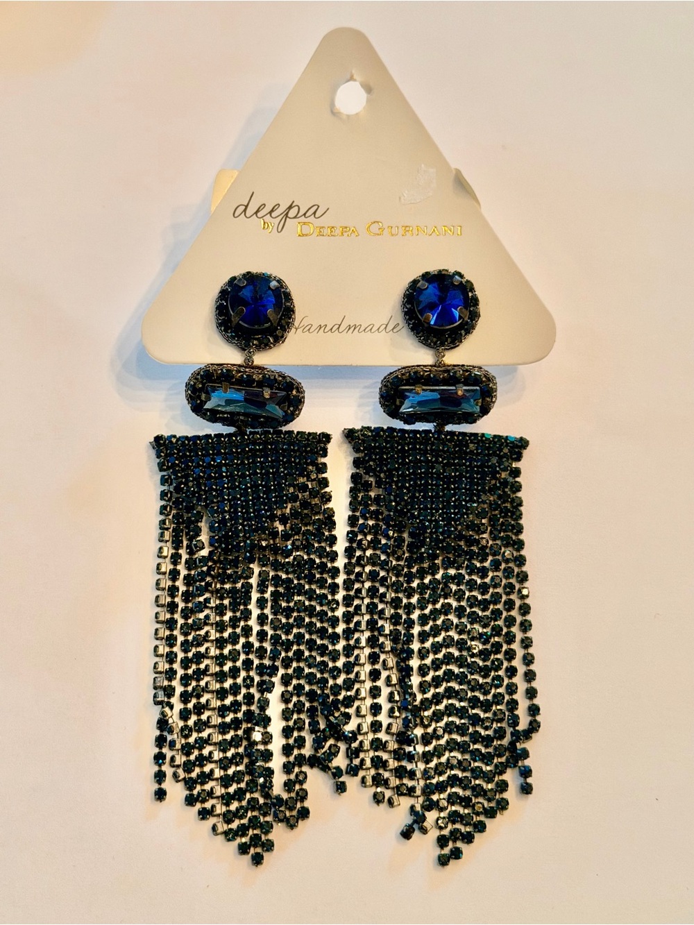 NWT Navy Blue Crystal Fringe Statement Earrings